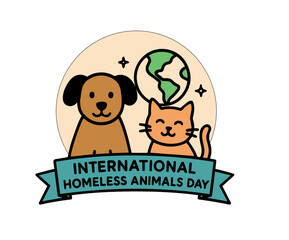 International Homeless Animals Day Illustration – Cute Dog and Cat with Earth Symbol, Pet Adoption Awareness Vector