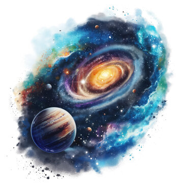 Hyper-Realistic Spiral Galaxy with Planets Illustration, transparent background, t shirt design, PNG