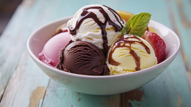 Colorful ice cream scoops in a bowl, drizzled with chocolate syrup, topped with fresh mint leaves and strawberries