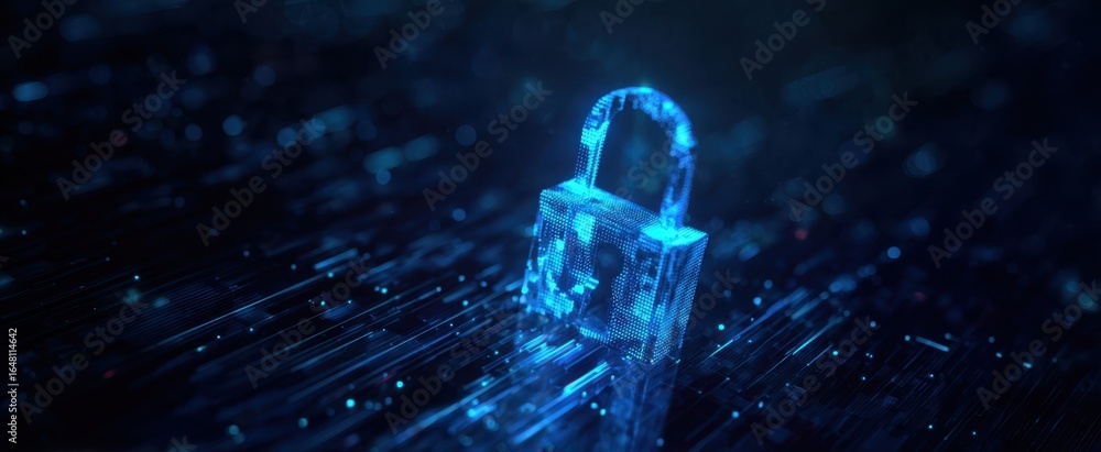 Poster the glowing digital padlock representing cybersecurity and data protection in a networked world