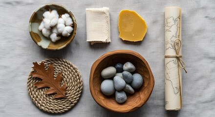 An arrangement of natural elements including cotton, fabric, beeswax, a map scroll, stones, a leaf, and a woven coaster on a textured surface.