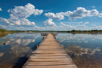 Naklejka premium Summer lake scene with a wooden pier under blue skies and white clouds