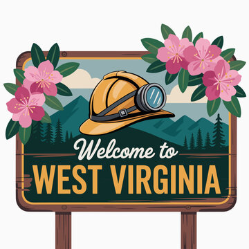 Rustic Welcome to West Virginia Sign with Miner Helmet and Rhododendron