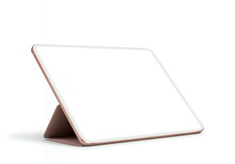 Premium tablet computer mockup with white display screen and rose gold protective cover in standing position for professional digital presentations