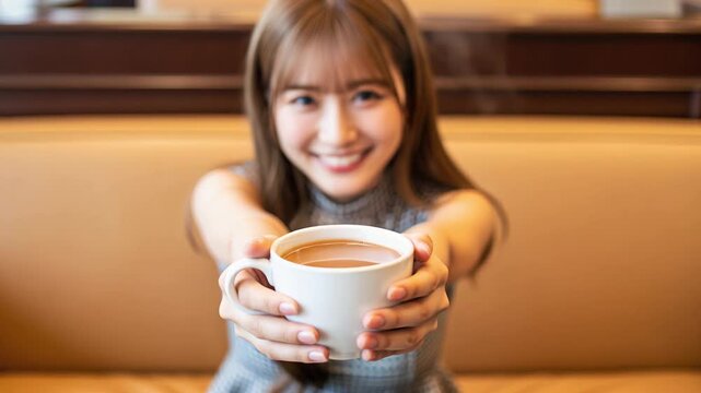 ラウンジでマグカップをこちらに差し出し微笑む日本人女性