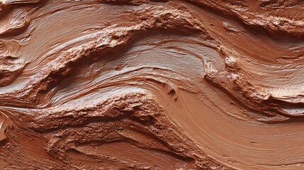 Obraz premium Creamy chocolate texture with smooth and rich swirls, macro close-up of glossy brown surface resembling waves and abstract patterns for dessert, confectionery, or artistic backgrounds.