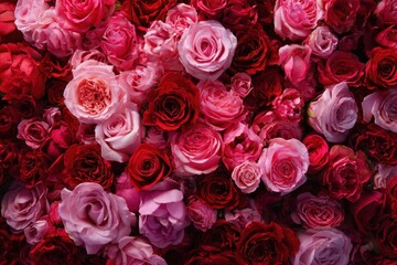 Fototapeta premium Top down view of a background with red and pink roses