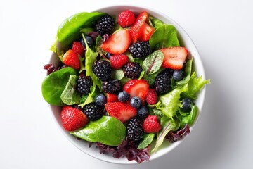 Top view of a healthy fruit and greens salad on a white background