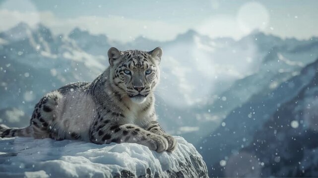 Snow leopard resting on icy cliff in winter mountains. Majestic wild cat in snowy alpine habitat, symbol of wildlife conservation, strength, and natural beauty in cold wilderness.