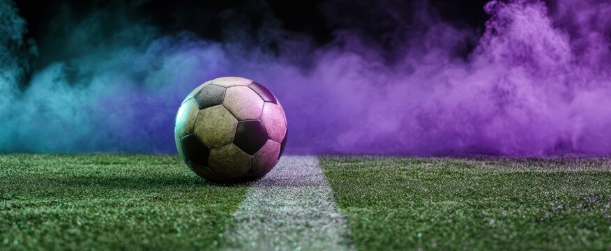 [The Soccer Ball on Field with Colorful Smoke and Dramatic Lighting] - Powered by Adobe