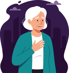 Fototapeta premium Elderly woman feeling chest pain and discomfort in urban environment with dark purple background vector illustration 