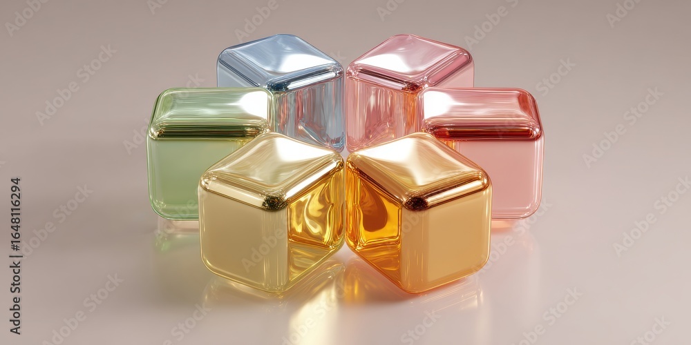 Poster row of colorful cubes with a shiny, metallic finish
