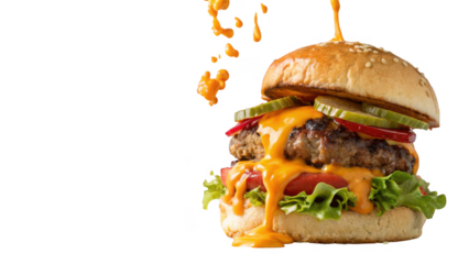 Delicious double cheeseburger with melted cheddar cheese sauce dripping down isolated on transparent background