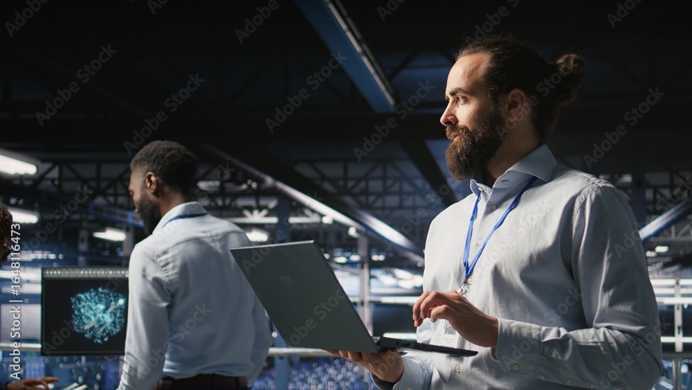 Poster data center admins monitoring artificial intelligence llm visualization. teamworking server room emp