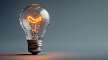 Light bulb is lit up and is sitting on a grey surface