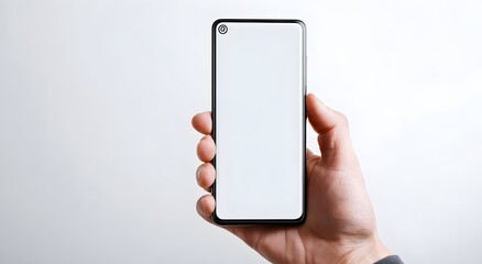 Hand holding smartphone with blank screen isolated on white background. Perfect for app, UI, or website mockup presentation.