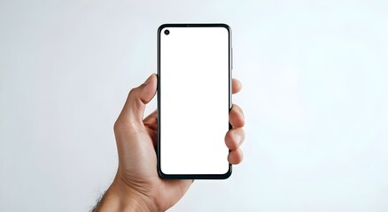 Hand holding smartphone with blank screen isolated on white background. Perfect for app, UI, or website mockup presentation.