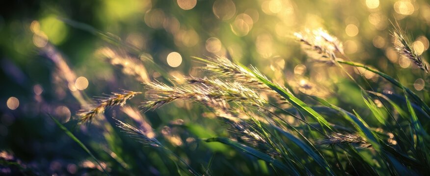 The Grasses Swaying in Golden Sunset Light with Soft Bokeh Background and Dew - Powered by Adobe