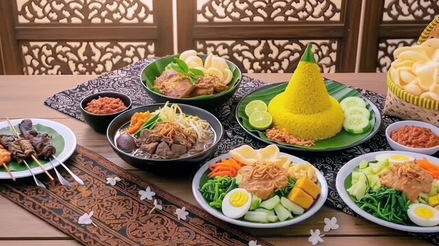 Indonesian set menu with yellow rice, chicken satay, sambal, shrimp crackers, and Pecel Madiun, served elegantly in modern dining style for festive or restaurant occasions. 