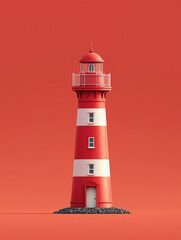 Red and white lighthouse centered on soft pink background, 3D render