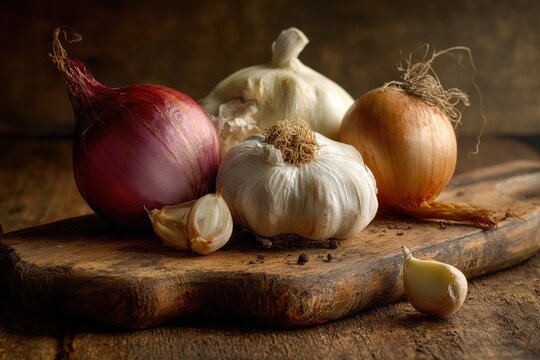 Vegetables onion and garlic on a cutting board