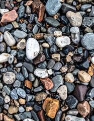 Close-up of varied pebbles on a beach