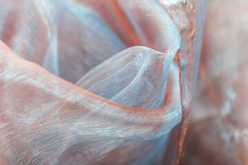 Soft folds of translucent organza fabric in light blue and peach hues, forming a delicate and...
