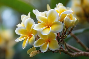Yellow frangipani flowers are captured in photographs