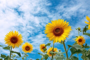 Yellow sunflowers with green stems against a bright blue sky