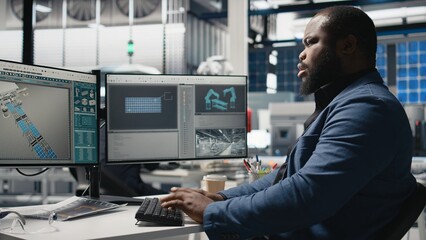 Male industry expert checks performance data in a solar panel factory, showcasing dedication to industrial efficiency and working on renewable energy manufacturing and engineering. Camera A.