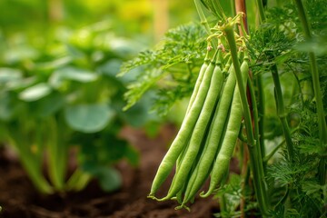 Fototapeta premium Home garden with green asparagus beans against lush foliage sustainable gardening