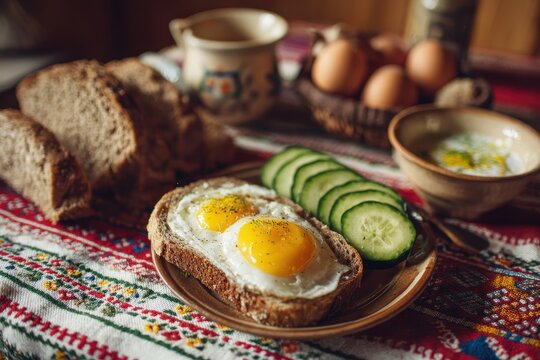 Close up of bread topped with egg and cucumbers on a table A rustic food still life representing a basic breakfast