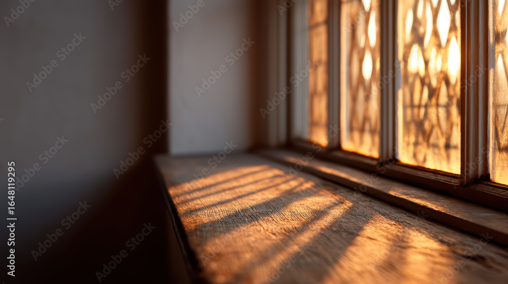 Poster Soft golden light filters through a window, casting shadows on a wooden ledge, creating a warm and serene atmosphere.
