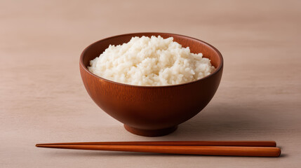 A wooden bowl filled with fluffy, white rice accompanied by chopsticks rests on a light wooden surface.