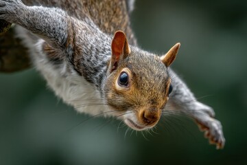 Obraz premium A healthy female grey squirrel demonstrates her acrobatic skills by hanging from a bird feeder with her hind feet while eating sunflower seeds