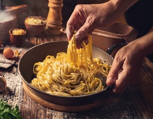 warm homemade pasta rustic kitchen scene skilled hands traditional cooking cozy ambiance