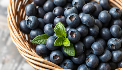 Blueberries in the basket, photo. White tone