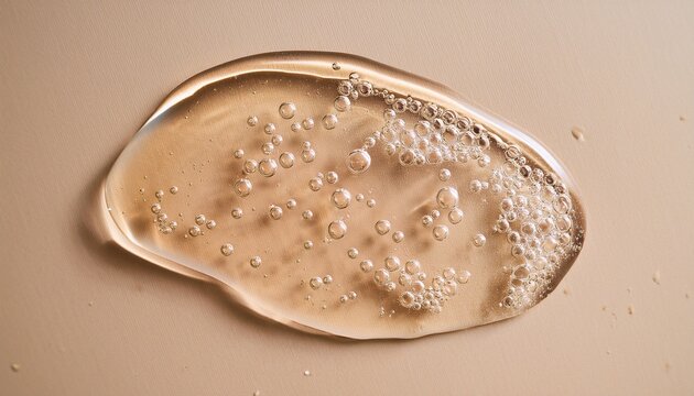 beige transparent shower gel swatch with tiny bubbles on a light background nourishing facial serum cleanser or shampoo texture