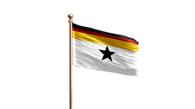 A waving flag with black, yellow and white stripes and a black star on a golden flagpole