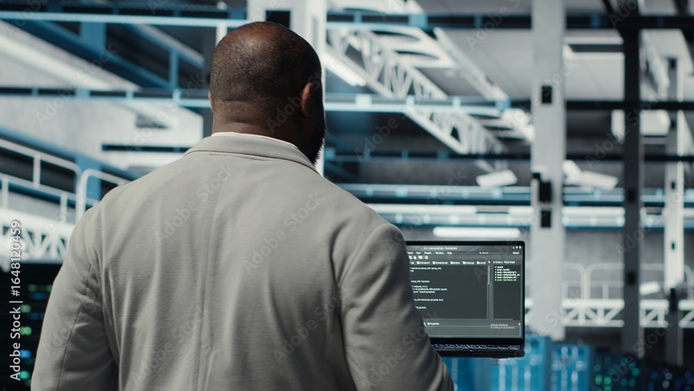Poster programmers walking in data center coding, doing resource optimization using tablet. server farm wor