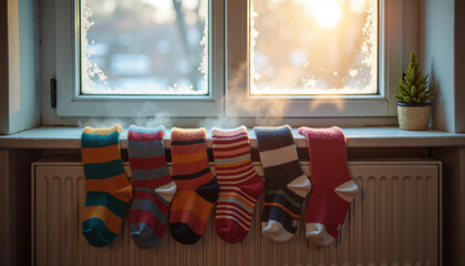 Colorful socks drying on radiator near window during winter sunlight