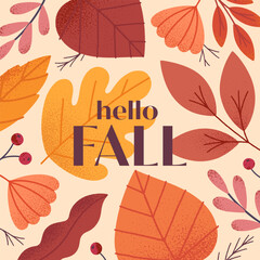 Autumn card with leaves,berries,foliage and plants.Vector fall season modern illustration.Trendy autumn template for prints,ad,social media marketing,branding,packaging,covers.