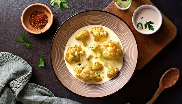 fresh and wholesome cauliflower preparation with butter milk and cheese top view