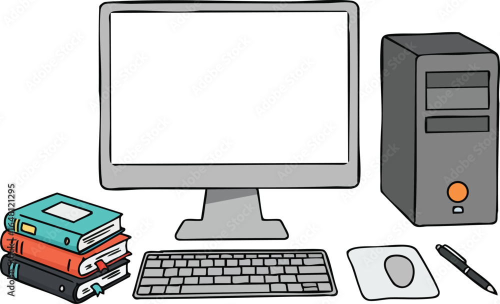 Poster desktop computer setup with keyboard mouse pen and stack of books for office work or study environme