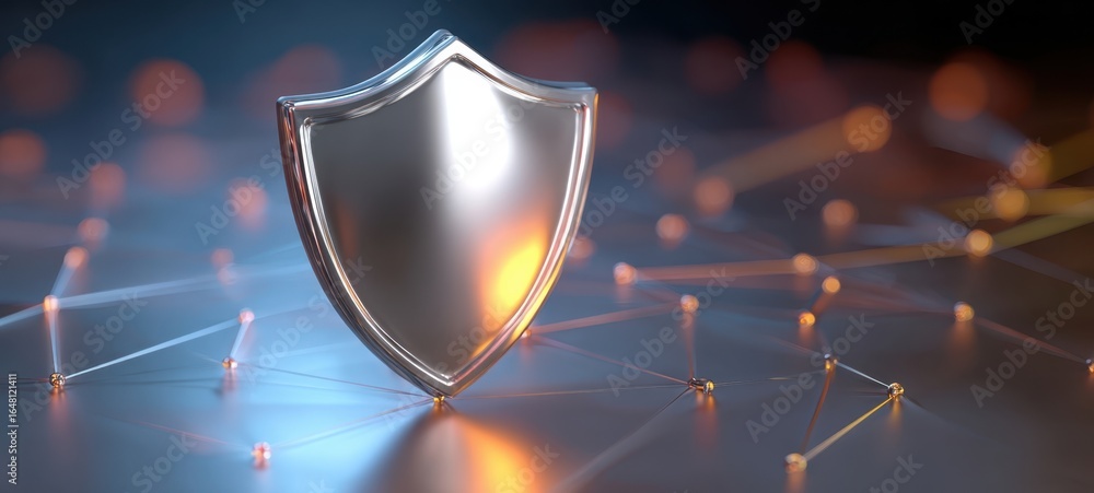 Poster the shield protecting a futuristic digital network of connected nodes and data