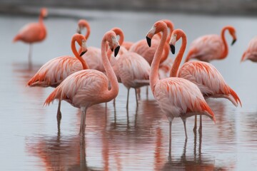 flock of flamingos shifting and mirroring in the lagoon s water