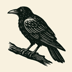 Fototapeta premium Linocut illustration of a raven perched on a branch, vintage woodcut style, vector black and white drawing SVG