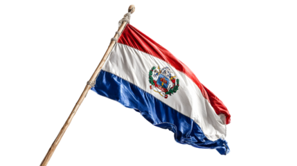 A paraguayan flag waving gently with a wooden pole against a black background in a studio shot