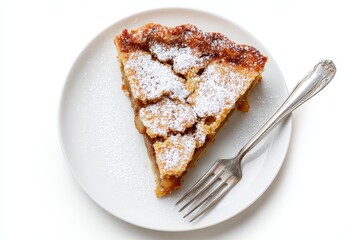 Top view of a plate featuring a slice of delicious homemade quince pie dusted with powdered sugar and a fork set against a white background
