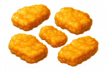 Five crispy golden brown chicken nuggets floating against a transparent background, ready to be added to any design project